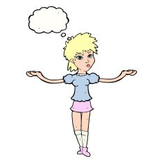 cartoon woman shrugging shoulders with thought bubble N424