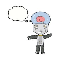 cartoon future robot with thought bubble N8