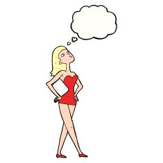 cartoon woman in party dress with thought bubble N8
