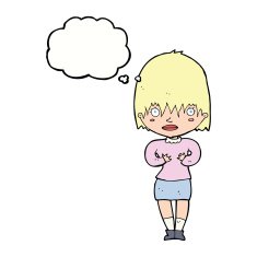 cartoon woman making Who Me? gesture with thought bubble N38