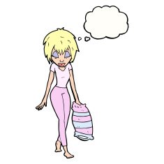 cartoon woman going to bed with thought bubble N7