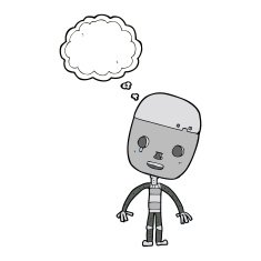 cartoon sad robot with thought bubble N9