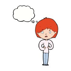 cartoon woman making Who Me? gesture with thought bubble N39