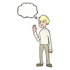 cartoon waving man with thought bubble N34