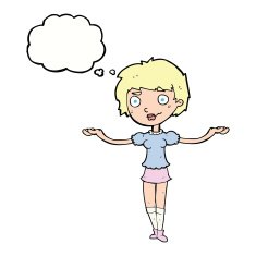 cartoon woman spreading arms with thought bubble N9