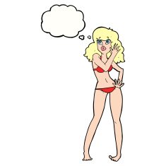cartoon pretty woman in bikini with thought bubble N8