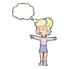cartoon happy woman pointing with thought bubble N58