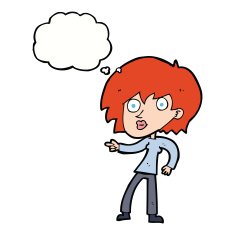 cartoon surprised woman pointing with thought bubble N9