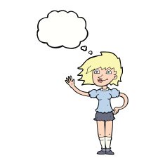 cartoon woman waving with thought bubble N298