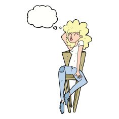 cartoon woman posing on chair with thought bubble N16