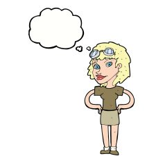 cartoon retro pilot woman with thought bubble N9