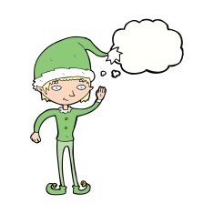 cartoon waving christmas elf with thought bubble N9