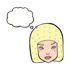 cartoon annoyed female face with thought bubble N9