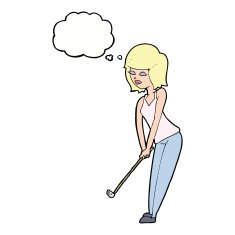 cartoon woman playing golf with thought bubble N18