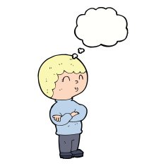 cartoon boy with folded arms thought bubble N17