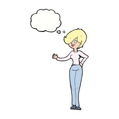 cartoon woman waving with thought bubble N299