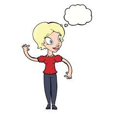 cartoon woman waving with thought bubble N300