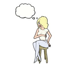 cartoon woman sitting on bar stool with thought bubble N18