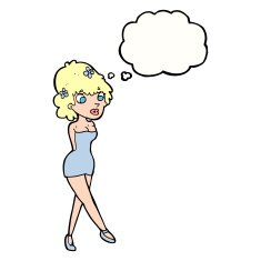 cartoon woman posing in dress with thought bubble N30