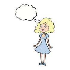 cartoon happy woman in dress with thought bubble N23