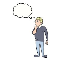 catoon curious man with thought bubble