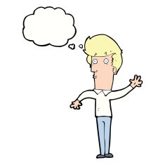 cartoon nervous man waving with thought bubble N17
