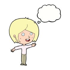 cartoon happy girl waving with thought bubble N9