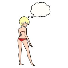 cartoon woman in bikini with thought bubble N51