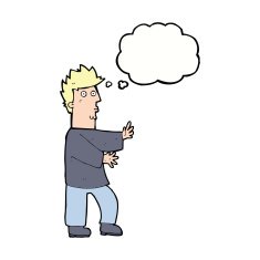 cartoon nervous man waving with thought bubble N18