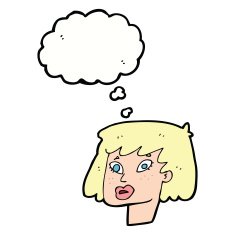 cartoon pretty female face with thought bubble N85