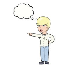 cartoon woman pointing finger of blame with thought bubble N9