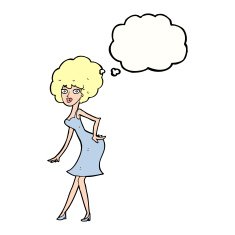 cartoon woman posing in dress with thought bubble N32