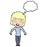 cartoon woman shrugging shoulders with thought bubble N432