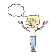 cartoon woman holding up hands with thought bubble N17