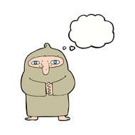 cartoon monk in robe with thought bubble N9
