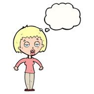 cartoon woman shrugging shoulders with thought bubble N433