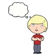 cartoon happy man with folded arm thought bubble N9