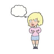 cartoon woman making Who Me? gesture with thought bubble N40