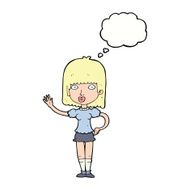 cartoon woman waving with thought bubble N304