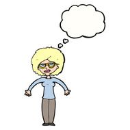 cartoon woman shrugging shoulders with thought bubble N434