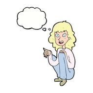 cartoon happy woman sitting and pointing with thought bubble N9