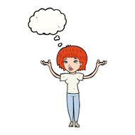 cartoon woman shrugging shoulders with thought bubble N435