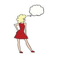cartoon woman posing in dress with thought bubble N33