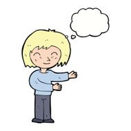 cartoon woman gestureing welcome with thought bubble
