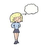cartoon pleased woman with thought bubble N9
