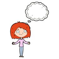 cartoon woman shrugging shoulders with thought bubble N436