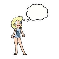 cartoon woman in swimming costume with thought bubble N9