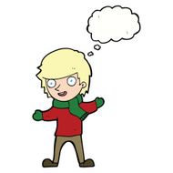 cartoon boy in winter clothes with thought bubble N8