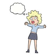 cartoon frightened woman with thought bubble N25