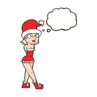 cartoon woman in christmas elf costume with thought bubble N9